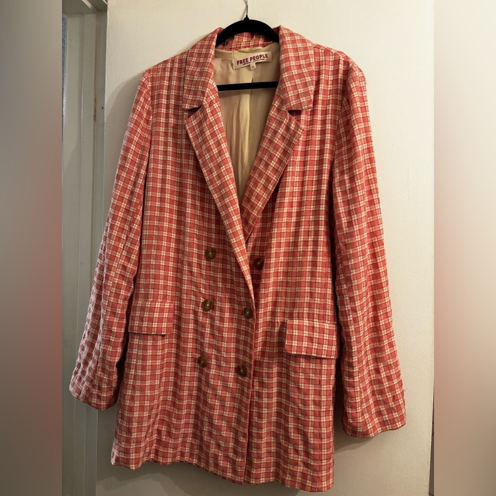 Free People Pink Plaid Double-Breasted Blazer
